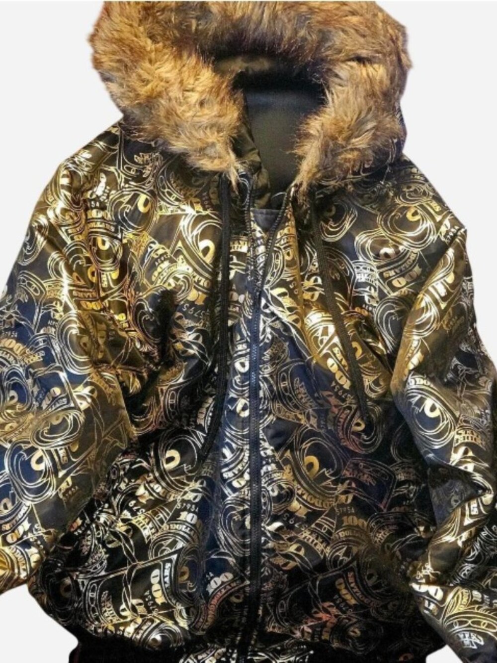 Raw Blue Men's Gold and Black Benjamins 100 Dollar Symbols Jacket 3XL